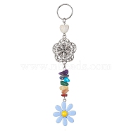 Flower Resin Keychains, with Chakra Gemstone Chip and 304 Stainless Steel Split Key Rings and Tibetan Style Alloy Links, Cornflower Blue, 14.5cm(KEYC-JKC00556-03)