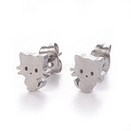 304 Stainless Steel Kitten Stud Earrings, with Ear Nuts/Earring Back, Cat, Stainless Steel Color, 8x7mm, Pin: 0.8mm(X-EJEW-F227-08P)