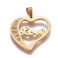 304 Stainless Steel Pendants, Cut-Out, with Rhinestone, Heart with Word Love, For Valentine's Day, Golden, 27.5x28x2mm, Hole: 4x4mm(STAS-F223-40G)
