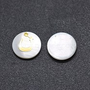 Shell Cabochons, with Resin, Flat Round with Arabic Alphabet, White, 9.5~10x1.5~2.5mm(SSHEL-E568-A01)