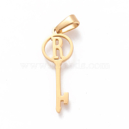 304 Stainless Steel Initial Pendants, Large Hole Pendants, Key with Letter, Golden, Letter.R, 25x8.5x1mm, Hole: 6x2.5mm(X-STAS-D019-09R-G)