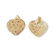 Rack Plating Brass Pendants, with Colorful Cubic Zirconia, Hollow Heart Charm, Cadmium Free & Lead Free, Long-Lasting Plated, Real 18K Gold Plated, 22x22x4mm, Hole: 4x3.5mm(KK-D087-23G)