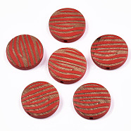Painted Natural Wood Beads, Laser Engraved Pattern, Flat Round with Zebra-Stripe, FireBrick, 20x5mm, Hole: 1.5mm(WOOD-T021-50B-04)