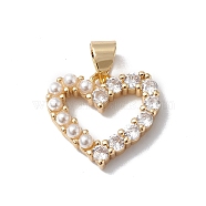 Rack Plating Brass Micro Pave Clear Cubic Zirconia Charms, with Plastic Imitation Pearl, Lead Free & Cadmium Free, Long-Lasting Plated, Heart Charm, Real 18K Gold Plated, 14x15x3mm, Hole: 5x3mm(KK-H434-35G)