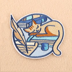 Computerized Embroidery Cloth Iron on/Sew on Patches, Costume Accessories, Appliques, Flat Round with Cat, Colorful, 70x78mm(X-DIY-F038-G02)