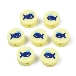 Handmade Polymer Clay Beads, Flat Round with Shark Pattern, Champagne Yellow, 9.5~10x4.5mm, Hole: 1.8mm(CLAY-N007-005-06)