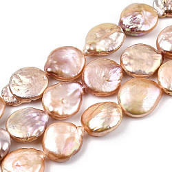 Natural Keshi Pearl Beads Strands, Cultured Freshwater Pearl, Baroque Pearls, Flat Round, Light Salmon, 13~16.5x12~13.5x3.5~9mm, Hole: 0.6mm, about 26pcs/strand, 14.69~14.76 inch(37.3~37.5cm) (PEAR-S012-23B-1)