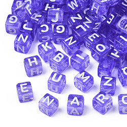 Transparent Acrylic Beads, Cube with White Random Mixed Letters, Blue Violet, 6x6x6mm, Hole: 3.5mm, about 3000pcs/500g(TACR-ywc0001-01E)