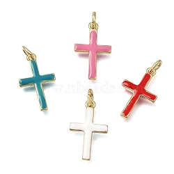 Brass Enamel Pendants, Cross Charms, Cadmium Free & Lead Free, Rack Plating, Long-Lasting Plated, Real 18K Gold Plated, Mixed Color, 19x11.5x2.5mm, Hole: 3mm(KK-CBAEEA8-10G)