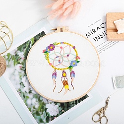 DIY Woven Net/Web with Feather Pattern Embroidery Kit, Including Imitation Bamboo Frame, Iron Pins, Cloth, Colorful Threads, White, 213x201x9.5mm, Inner Diameter: 183mm(DIY-O021-18)