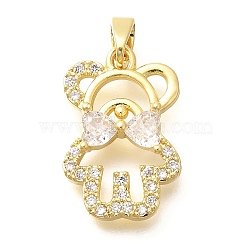 Rack Plating Brass Micro Pave Clear Cubic Zirconia Pendants, Bear Charms, Long-Lasting Plated, Lead Free & Cadmium Free, Real 18K Gold Plated, 20x13x4mm, Hole: 4x3mm(KK-M309-39F-G)