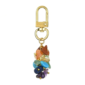 Chakra Gemstone Chip Beaded Pendant Decorations, with Alloy Swivel Clasps, Golden, 69mm