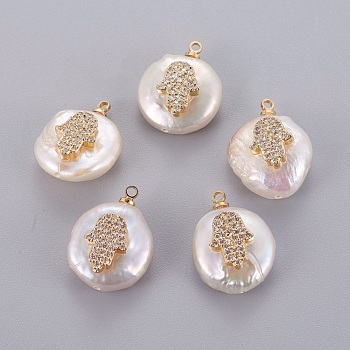 Natural Cultured Freshwater Pearl Pendants, with Brass Micro Pave Cubic Zirconia Cabochons, Nuggets with Hamsa Hand/Hand of Fatima/Hand of Miriam, Clear, Golden, 14~28x12~22x5~12mm, Hole: 1.2mm