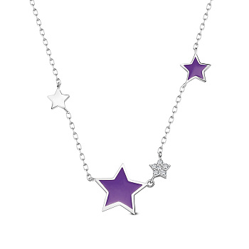 SHEGRACE 925 Sterling Silver Pendant Necklaces, with Epoxy Resin and Cubic Zirconia, Star, Platinum, Purple, 15.75 inch(40cm), Star: 13mm