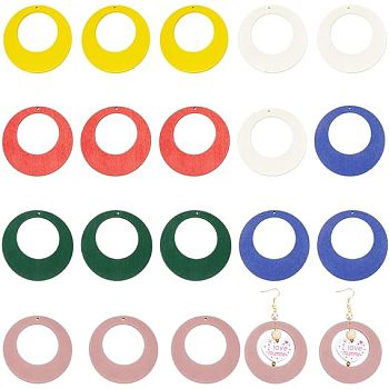 Nbeads 48Pcs 6 Colors Wood Big Pendants, Dyed, Ring Charms, Mixed Color, 59~59.5x3.5~4mm, Hole: 1.6~1.8mm, 8pcs/color