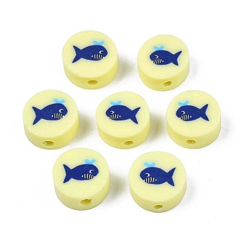 Handmade Polymer Clay Beads, Flat Round with Shark Pattern, Champagne Yellow, 9.5~10x4.5mm, Hole: 1.8mm