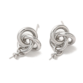 Brass Stud Earrings Findings, Knot, for Half Drilled Beads, Platinum, 19x13mm, Pin: 0.5mm and 11x0.8mm