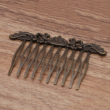 Iron Hair Combs Findings, with Brass Flower, Antique Bronze, 75x48x3mm