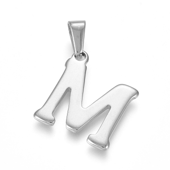 304 Stainless Steel Pendants, Stainless Steel Color, Initial Letter.M, 20x18x1.8mm, Hole: 3x7mm