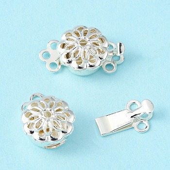 Brass Box Clasps, Multi-Strand Clasps, 3-Strands, 6-Holes, Flower, Silver, 9x15x5.5mm, Hole: 1.2mm