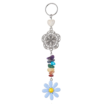 Flower Resin Keychains, with Chakra Gemstone Chip and 304 Stainless Steel Split Key Rings and Tibetan Style Alloy Links, Cornflower Blue, 14.5cm