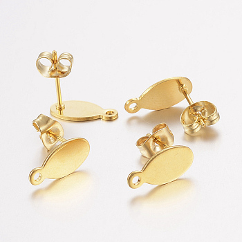304 Stainless Steel Stud Earring Findings, with Loop and Flat Plate, Ear Nuts/Earring Backs, Oval, Real 24K Gold Plated, 12.5x6x0.8mm, Hole: 1.2mm, Pin: 0.8mm