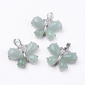 Natural Green Aventurine Pendants, with Brass Findings, Butterfly, Platinum, 24x30x7.5mm, Hole: 4x7.5mm