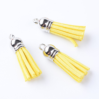 Faux Suede Tassel Pendant Decorations, with CCB Plastic Cord Ends, Platinum, Yellow, 35~37x10mm, Hole: 1.8mm