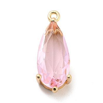 Brass Pave Cubic Zirconia Pendants, Teardrop, Real 14K Gold Plated, Pink, 19.5x7.5x5.5mm, Hole: 1.2mm