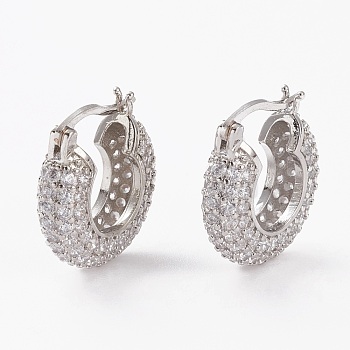 Brass Micro Pave Clear Cubic Zirconia Hoop Earrings, Long-Lasting Plated, Crescent Moon, Platinum, 20x18x5.5mm, Pin: 1mm