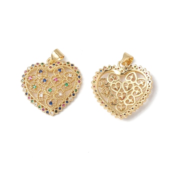 Rack Plating Brass Pendants, with Colorful Cubic Zirconia, Hollow Heart Charm, Cadmium Free & Lead Free, Long-Lasting Plated, Real 18K Gold Plated, 22x22x4mm, Hole: 4x3.5mm