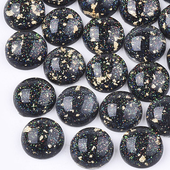 Resin Cabochons, with Glitter Powder and Gold Foil, Half Round, Black, 12x5.5mm