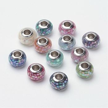 304 Stainless Steel Resin European Beads, with Shell and Enamel, Rondelle, Large Hole Beads, Mixed Color, 12x8mm, Hole: 5mm