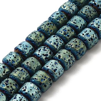 Electroplated Natural Lava Rock Beads Strands, Rondelle, Green Plated, 6x7mm, Hole: 1mm, about 67~68pcs/strand, 15.35~15.75 inch(39~40cm)