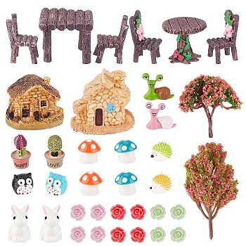 Resin Succulent Micro Landscape Dollhouse Ornaments, including Table & Chair, House, Snail, Hedgehog, Rose Flower, Mushroom, Owl, Rabbit, Tree, Bonsai, Mixed Color, 10~97x10~50x5~50mm