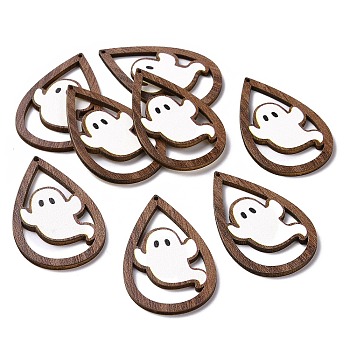 Halloween Theme Single Face Printed Aspen Wood Big Pendants, Teardrop Charm, Ghost Pattern, 54.5x34x2.5mm, Hole: 1.6mm