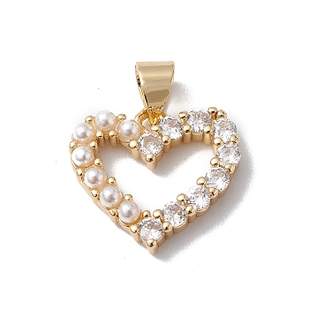 Rack Plating Brass Micro Pave Clear Cubic Zirconia Charms, with Plastic Imitation Pearl, Lead Free & Cadmium Free, Long-Lasting Plated, Heart Charm, Real 18K Gold Plated, 14x15x3mm, Hole: 5x3mm
