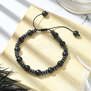 Black Glass & Non-magnetic Synthetic Hematite Round Braided Bead Bracelet(BJEW-TA00440)-2