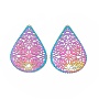 201 Stainless Steel Pendants, Etched Metal Embellishments, Teardrop, Rainbow Color, 40x26.5x0.3mm, Hole: 1mm