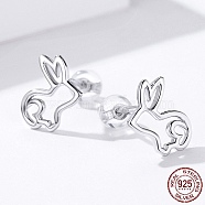 Rhodium Plated 925 Sterling Silver Bunny Stud Earrings, Rabbit Silhouette, with 925 Stamp, Platinum, 12x9mm(EJEW-FF0009-08P)