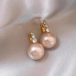 Alloy Rhinestone Hoop Earrings, Pink Plastic Pearl Beads Earrings with 925 Sterling Silver Pins, Golden, 50x50mm(WG46953-37)