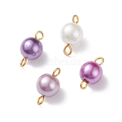 Glass Imitation Pearl Connector Charms, with Golden Plated Double Iron Loops, Round, Medium Orchid, 14x7.5mm, Hole: 1.8mm and 2.5mm(PALLOY-JF01881-02)