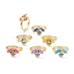 Brass Micro Pave Clear & Black Cubic Zirconia Adjustable Rings, with Enamel, Real 18K Gold Plated, Long-Lasting Plated, Bees, Mixed Color, US Size 7 3/4(17.9mm), 2.5mm(RJEW-P023-18G)