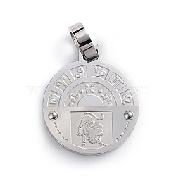 304 Stainless Steel Pendants, Flat Round with Constellation/Zodiac Sign, Leo, 25.5x22x6mm, Hole: 6mm(STAS-I143-07P-09)