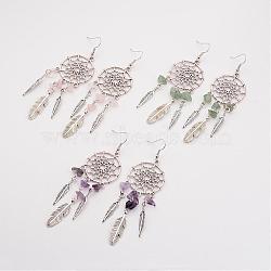 Natural Gemstone Dangle Earrings, with Metal Findings, Woven Net/Web with Feather Earrings, 95mm, Pin, 0.6mm(EJEW-JE02104)