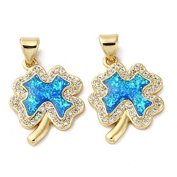 Brass Micro Pave Blue Cubic Zirconia Pendants, with Shell, Clover, Real 18K Gold Plated, 20x15.5x2.5mm, Hole: 4x3mm(KK-D057-03G)