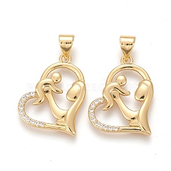 Brass Micro Pave Clear Cubic Zirconia Pendants, Long-Lasting Plated, for Mother's Day, with Snap on Bails, Heart with Mother & Son, Golden, 20.5x15x2mm, Hole: 4.5~3.5mm(X-ZIRC-Z005-08)