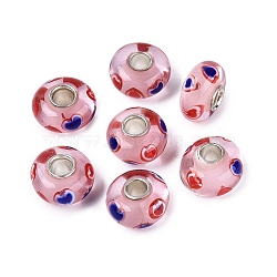 Handmade Lampwork & Brass Core European Beads, Large Hole Beads, Rondelle & Heart, Pink, 13~15x7.5~8.5mm, Hole: 4~4.5mm(LAMP-N044-05S-01)