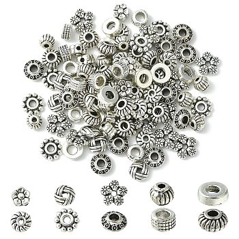 100Pcs 10 Styles Tibetan Style Alloy Spacer Beads, Mixed Shapes, Antique Silver, 5~7x2~4mm, Hole: 1~3mm, 10pcs/style
