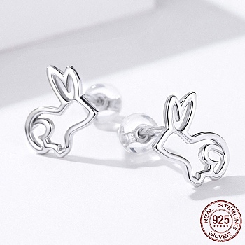 Rhodium Plated 925 Sterling Silver Bunny Stud Earrings, Rabbit Silhouette, with 925 Stamp, Platinum, 12x9mm